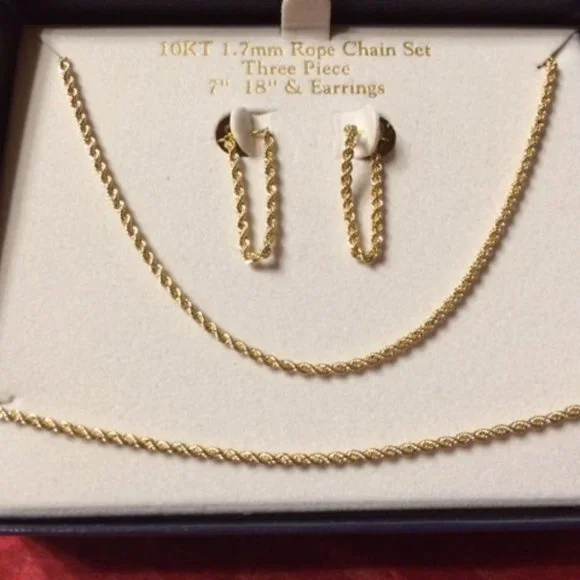 COPY - Beautiful 10KT, 1.7mm Gold Rope Chain Set (Chain, Earrings & Bracelet)- … - Picture 8 of 16
